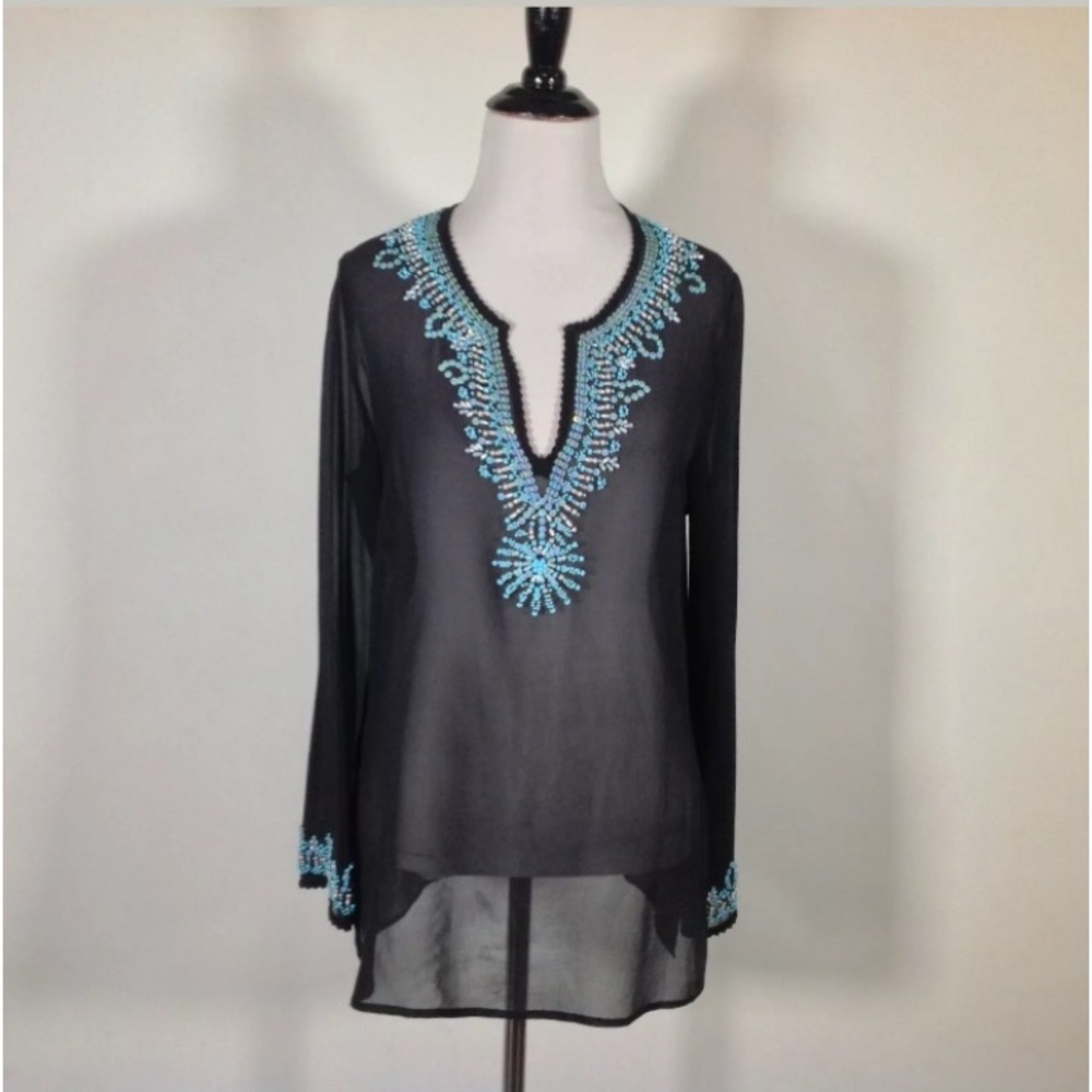 100% Silk Itsu Sheer Black Beaded Sequin Tunic